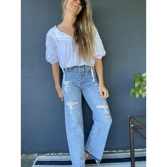 LEVI'S Ribcage High Rise Destructed Straight Jeans in Wash Haleys Comment US 28 - Picture 1 of 16